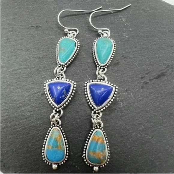 Blue Turquoise Dangle Earrings with Ornate Metalwork - Picture 6 of 6